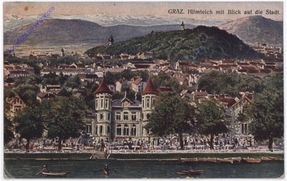 Graz, Hilmteich mit Blick auf die Stadt