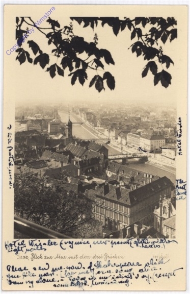 Graz, Blick zur Mur mit den drei Brücken