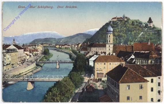 Graz, Mur, Schlossberg, Drei Brücken