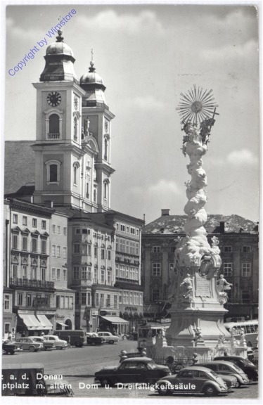 Linz an der Donau, Hauptplatz m. altem Dom u. Dreifaltigskeitssäule