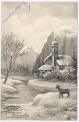 Verschneite Kirche mit Bach und Reh