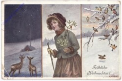 Mädchen mit Mistelzweig, Vögel im Geäst und Rehe vor einem Haus