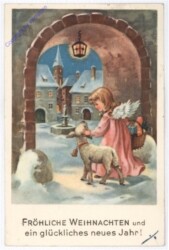 Engerl geht mit Geschenken und Lämmchen in das Dorf