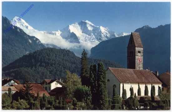 ak193470 Interlaken, Kirche Unterseen mit Mönch und Jungfrau