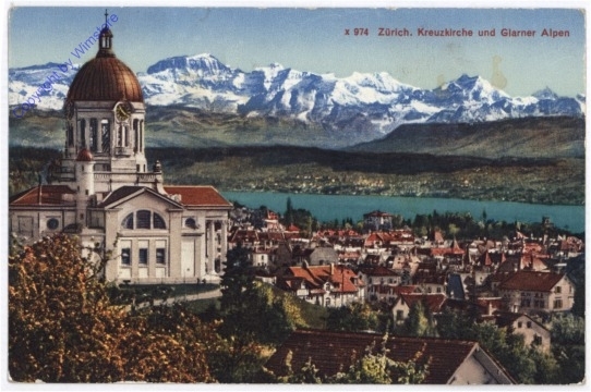 Zürich, Kreuzkirche mit Glarner Alpen