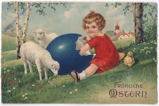 Kind mit großem Ei, Schafen und Kücken