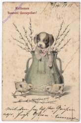 Kücken vor Vase mit Hund