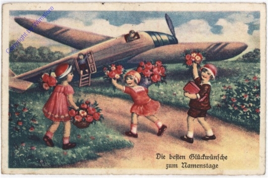 Mädchen mit Blumen vor Flugzeug, Namenstag