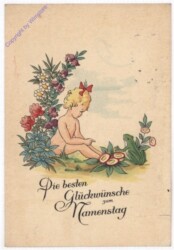 Mädchen sitzt zwischen Blumen, Namenstag