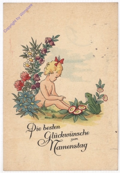 Mädchen sitzt zwischen Blumen, Namenstag