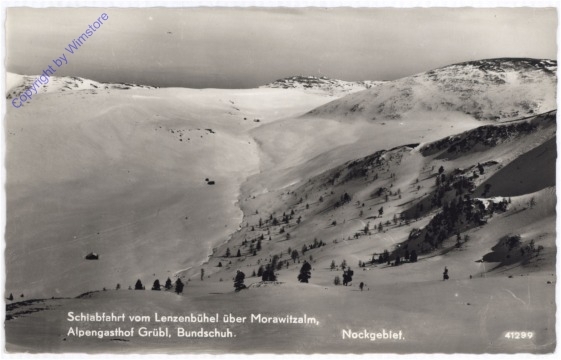 ak197184 Bundschuh, Schiabfahrt vom Lenzenbühel über Morawitzalm, Alpengasthof Grübl