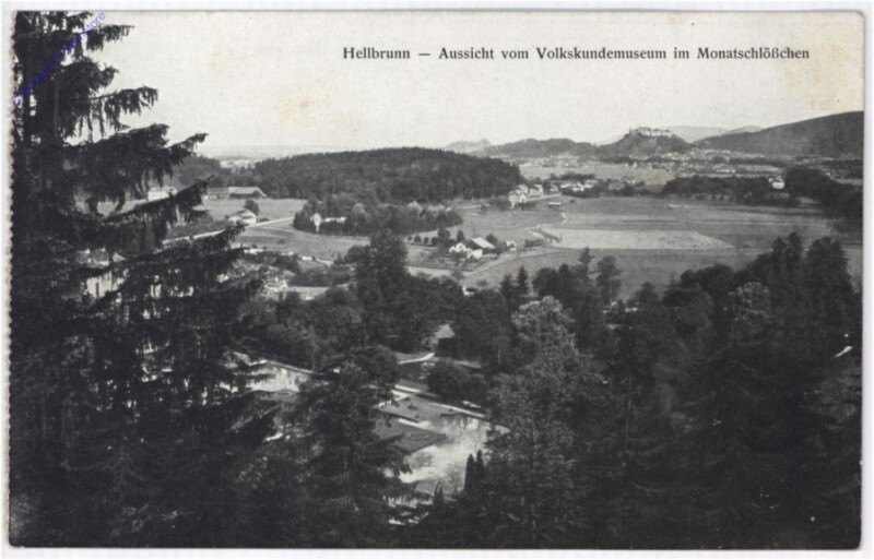 Salzburg, Schloss Hellbrunn, Aussicht vom Volkskundemuseum im Monatsschlößchen