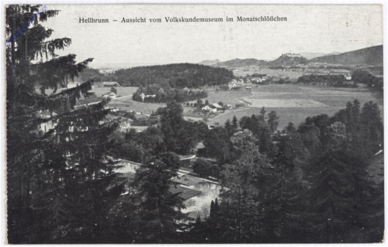 Salzburg, Schloss Hellbrunn, Aussicht vom Volkskundemuseum im Monatsschlößchen