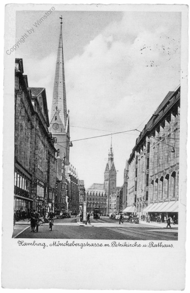 Hamburg, Mönckebergstrasse mit Petrikirche u. Rathaus