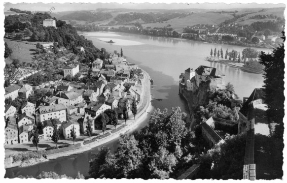 Passau, Blick von der Veste Oberhaus auf das Dreiflusseck