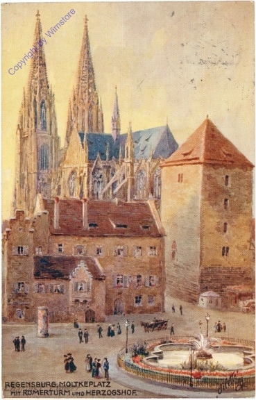 ak202210 Regensburg, Moltkeplatz mit Römerturm und Herzogshof