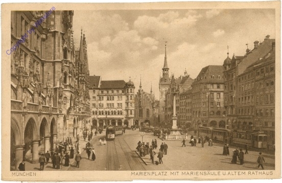 München, Marienplatz mit Mariensäule u. altem Rathaus