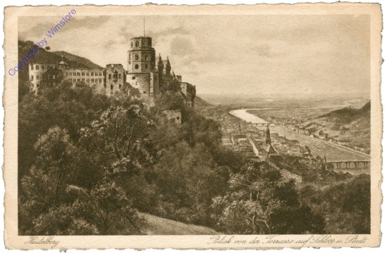 Heidelberg, Blick von der Terrasse auf Schloss und Stadt