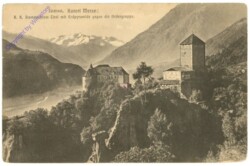 Merano (Meran), K.K. Stammschloss Tirol mit Erdpyramide gegen die Ortlergruppe
