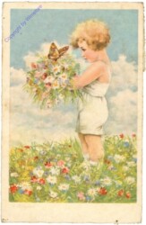 Kind mit Blumenstrauß und Schmetterling