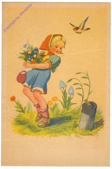 Mädchen mit Blumen und Vogel