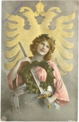 Dame vor Wappen mit Schwert