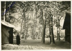 Frau vor dem verschneiten Wald