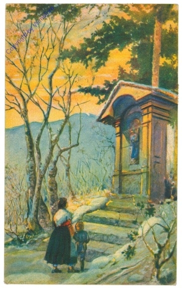 Mutter und Kind vor Bildstock