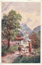 Schäfer lässt Schafe beim Brunnen trinken