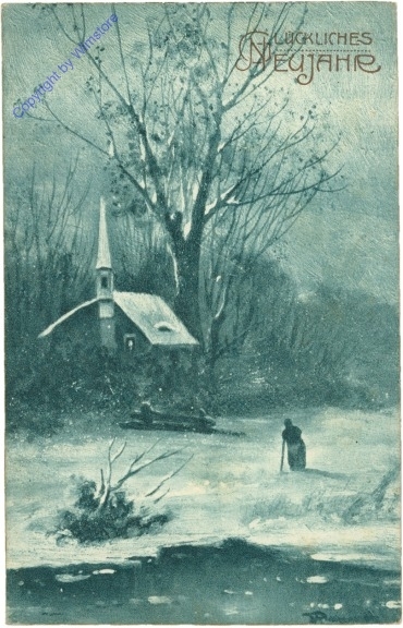 ak209981 Glückliches Neujahr, Dame im Schnee mit Kirche