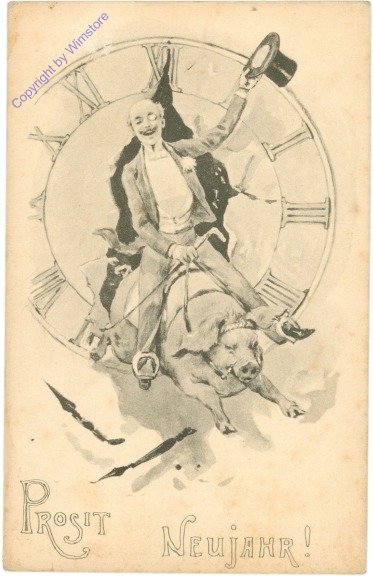 Ein Herr auf einem Schwein springt durch die Uhr