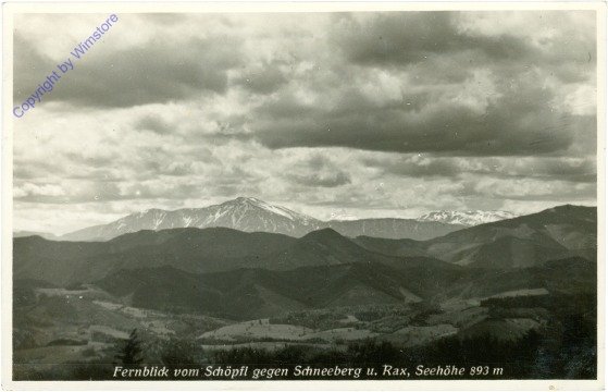 Altenmarkt a.d. Triesting, Fernblick vom Schöpfl gegen Schneeberg und Rax