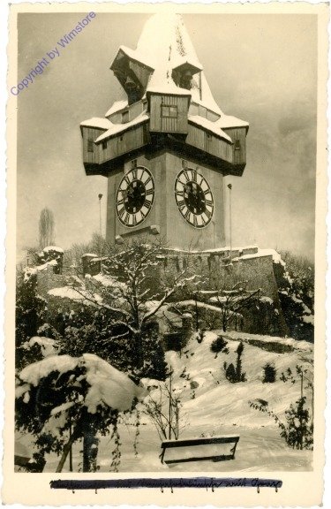 Graz, Uhrturm im Schnee
