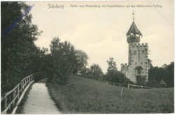 Salzburg, Partie vom Mönchsberg mit Aussichtsturm auf den elektrischen Aufzug