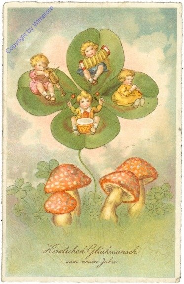 Musizierende Kinder auf Kleeblatt und Pilzen