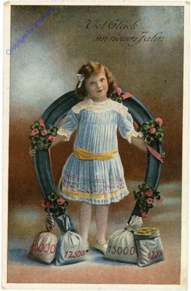 Mädchen mit Hufeisen und Geldsäcken