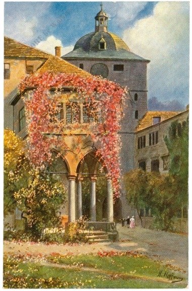 Heidelberg, Partie aus dem Schloßhof mit Brunnenhalle und Wartturm