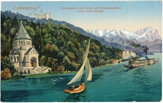 Starnbergersee, Votivkapelle mit Blick auf Rottmannshöhe, Leoni und Gebirge