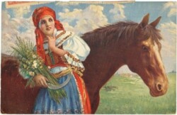 ak220000 Dame in Tracht vor Pferd