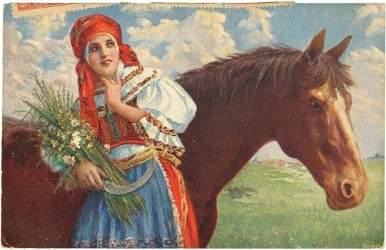 Dame in Tracht vor Pferd