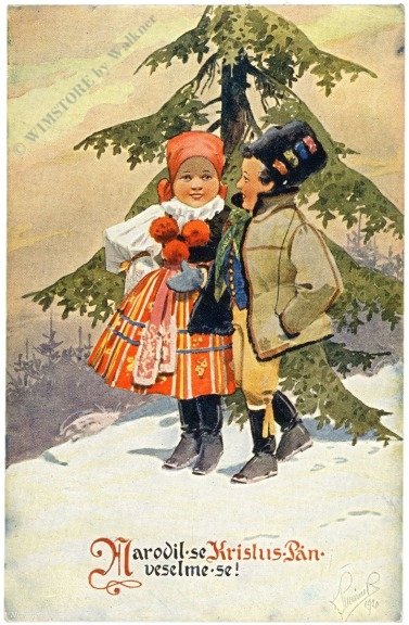 ak220014 Zwei Kinder vor einem Tannenbaum