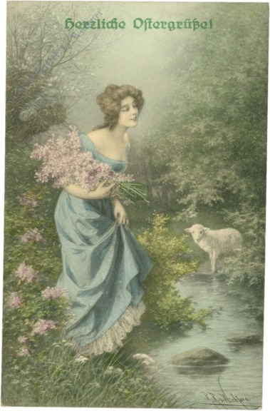 ostern dame mit blumen und lamm am bach