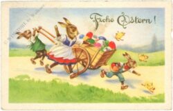 ostern hasenfamilie mit einem karren voller eier