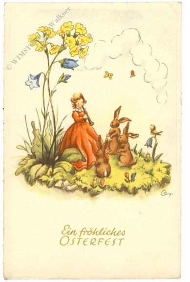 ostern mädchen musiziert für drei hasen
