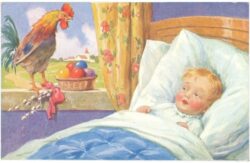ostern im bett liegendes kind sieht den hahn