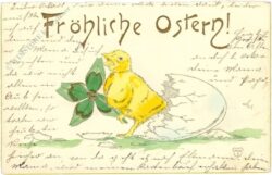 ostern küken mit kleeblatt kommt aus einem zerbrochenem ei