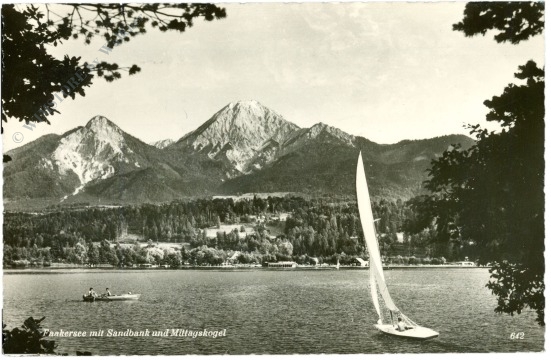 faak am see, faakersee mit sandbank und mittagskogel