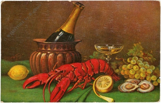 zitronen, trauben, hummer, sektflasche