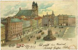 linz, gruss aus, franz josef platz mit domkirche halt's gegen das licht