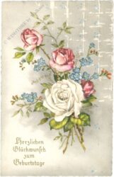 geburtstag: weiße rose mit vergissmeinnicht und rosa rosen